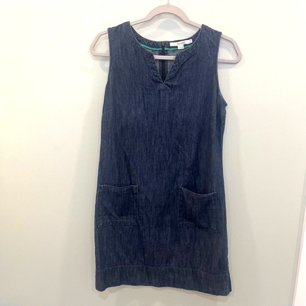 Boden Blue Denim Everyday Tunic Shift Dress Pockets V-Neck Cotton Mini Size 6